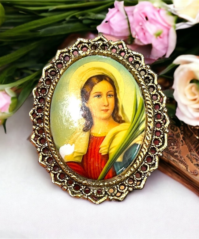 Vintage WMAC Ceramic Large religious Catholic Saint Cameo Brooch pendant