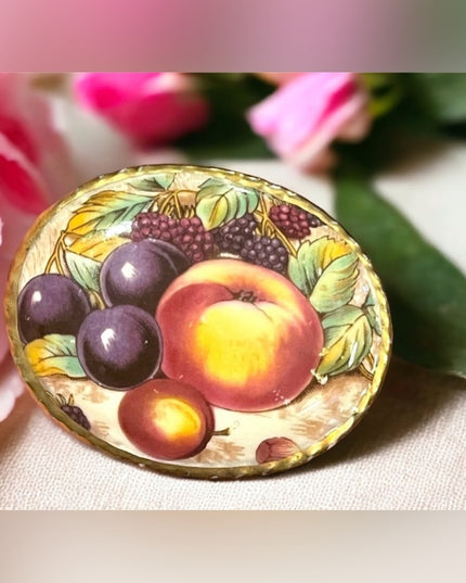 Vintage Ceramic hand painted fruit cameo brooch