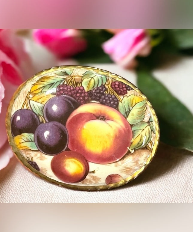 Vintage Ceramic hand painted fruit cameo brooch