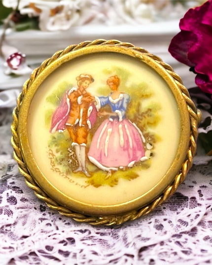 Antique Round Limoges Objects of art painted Cameo Victorian ceramic brooch