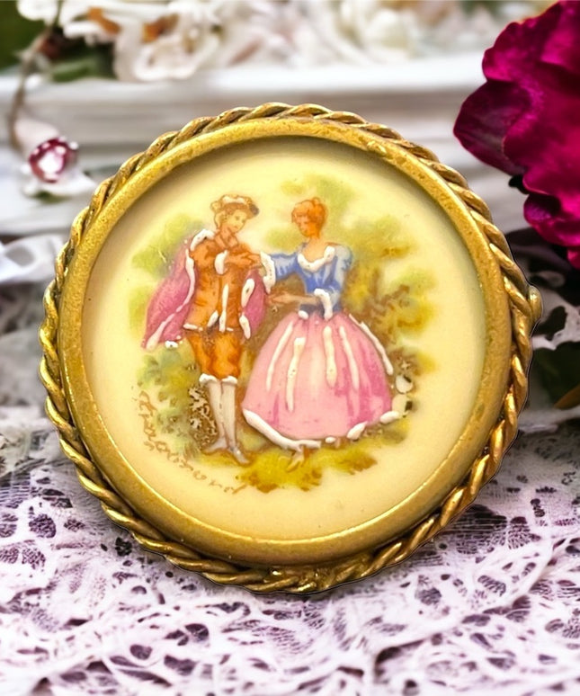 Antique Round Limoges Objects of art painted Cameo Victorian ceramic brooch