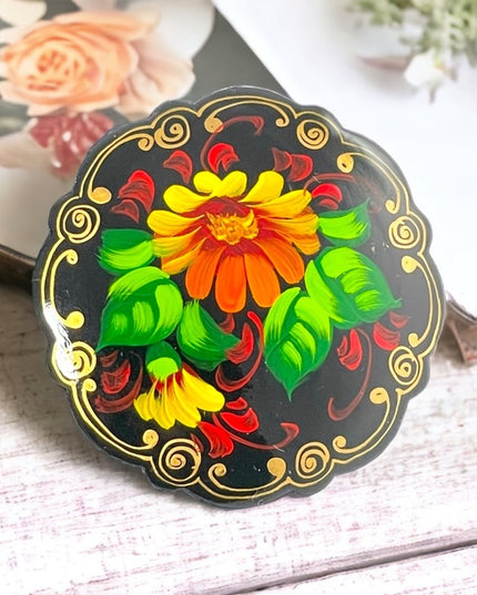 Vintage signed handpainted Russian flower brooch