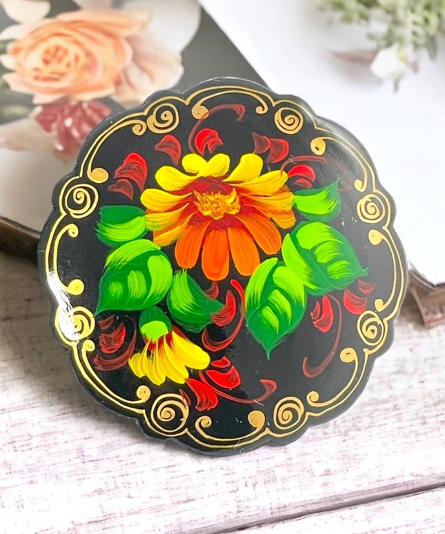 Vintage signed handpainted Russian flower brooch