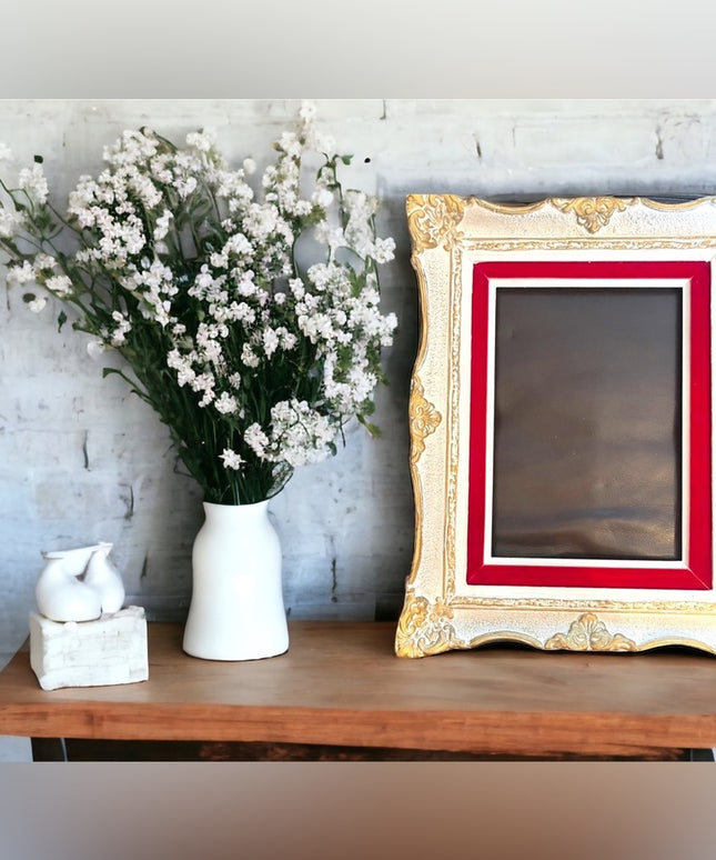 Large heavy Ornate wood frame 1940s red velvet gold white painted