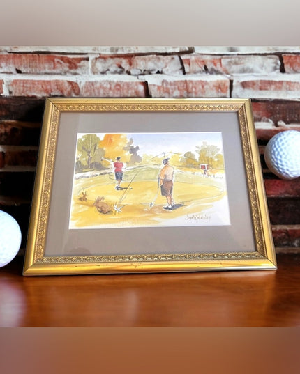 John Walmsley signed Framed watercolor painting on paper GOLFING
