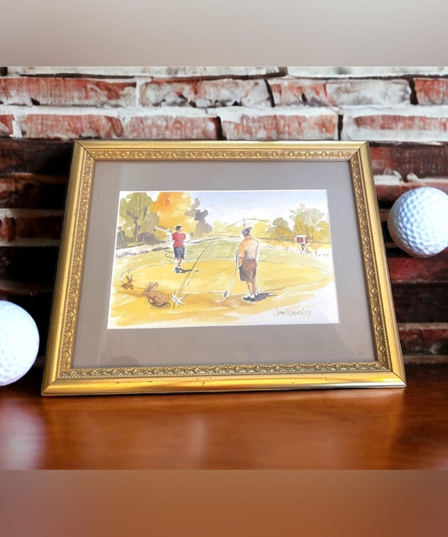 John Walmsley signed Framed watercolor painting on paper GOLFING