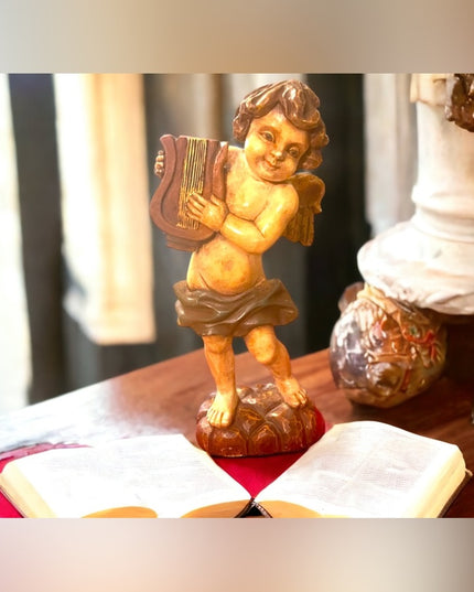 Antique 1910 Solid Wood Hand Carved Painted angel playing harp statue ITALY RARE