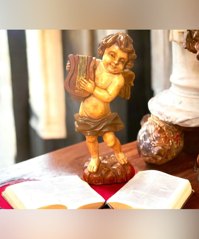 Antique 1910 Solid Wood Hand Carved Painted angel playing harp statue ITALY RARE