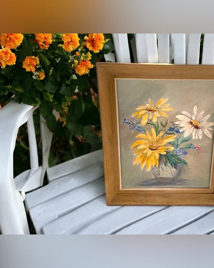Vintage signed oil painting on board flowers wood frame