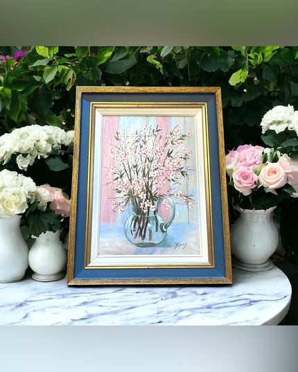 Vintage Signed  artist Flowers wood framed oil painting