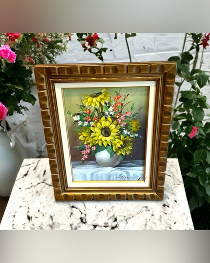 Beautiful vintage flower painting daffodil signed ornate wood frame
