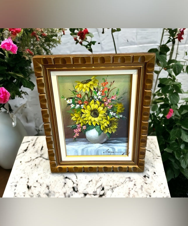 Beautiful vintage flower painting daffodil signed ornate wood frame