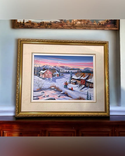 Murielle Hains  signed Oil on Canvas winter scene Painting