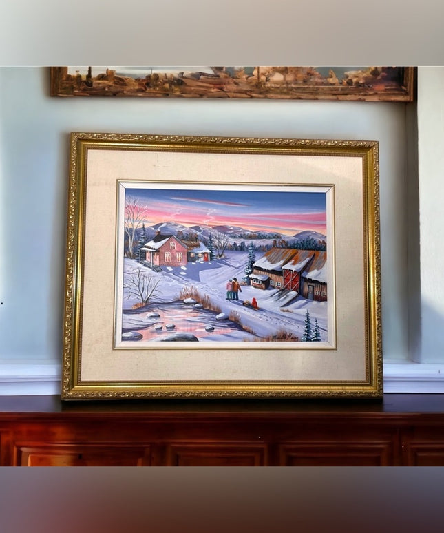 Murielle Hains  signed Oil on Canvas winter scene Painting