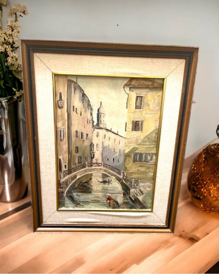 Vintage french painting signed Vittorio 1961 Venice canal framed wood masonite