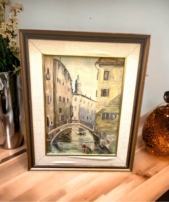 Vintage french painting signed Vittorio 1961 Venice canal framed wood masonite