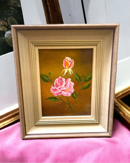 Vintage flower painting signed appx 1961 roses 11.5x13.5” Ornate wood frame