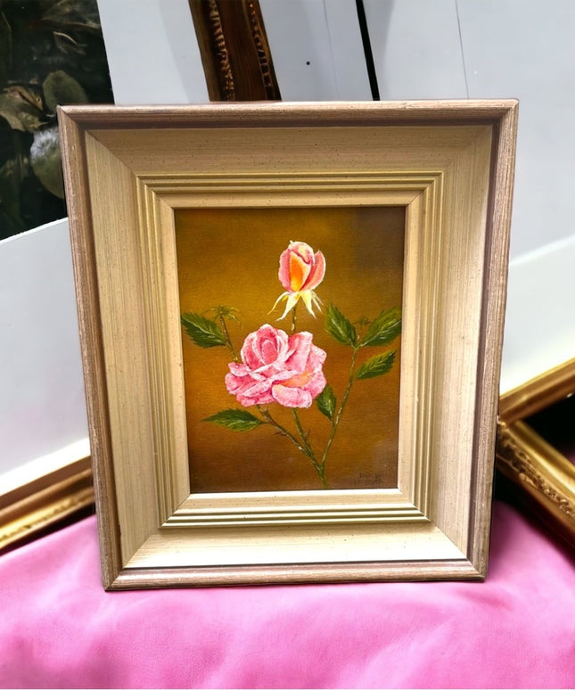 Vintage flower painting signed appx 1961 roses 11.5x13.5” Ornate wood frame