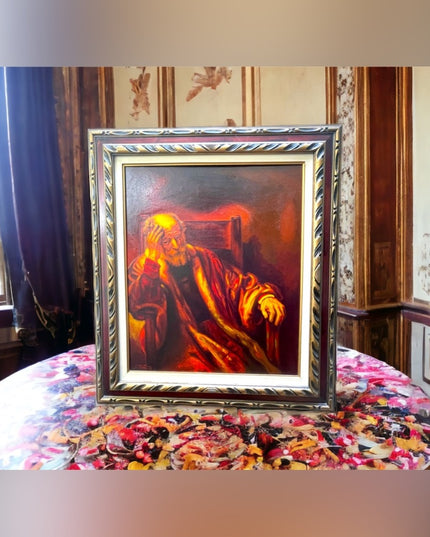 Vintage 1972 Man in an Arm chair Rembrant Repro Signed Oil painting canvas