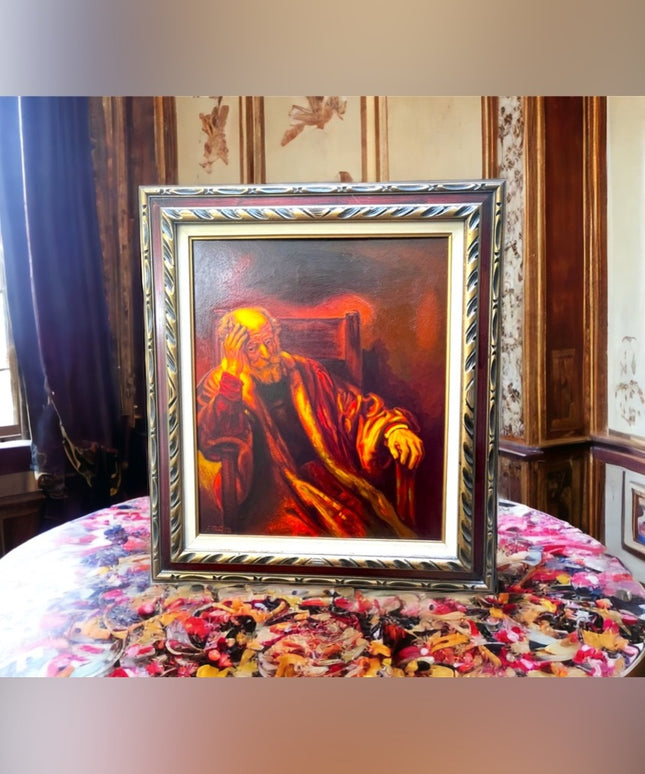 Vintage 1972 Man in an Arm chair Rembrant Repro Signed Oil painting canvas