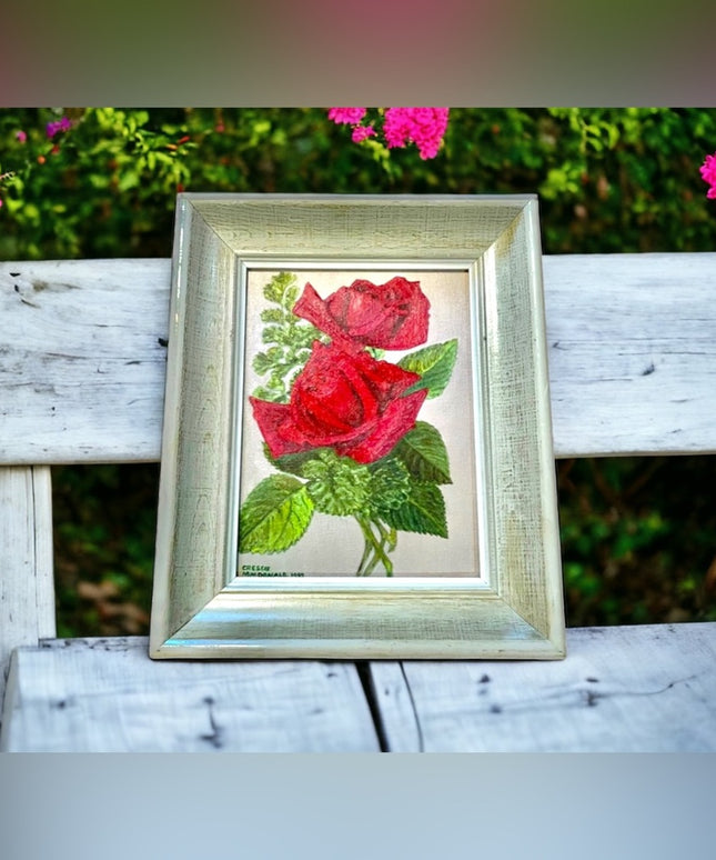 Vintage Beautiful flowers  signed oil painting on board roses wood frame
