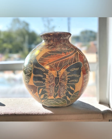 Vintage Nicaraguan Terra Cotta Hand carved painted pottery vase Butterfly