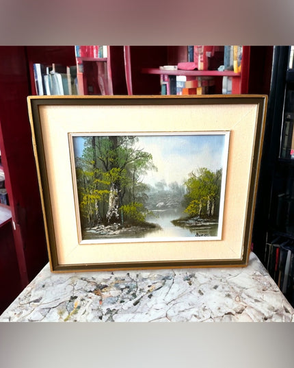 Vintage Signed oil painting Wood Frame Landscape BURKE Canvas