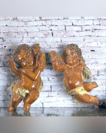 Antique Hand Carved solid wood  Italy Italian Angels wall hanging Angel x 2 pc