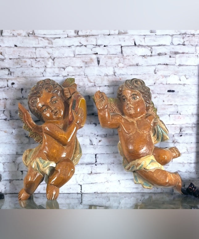 Antique Hand Carved solid wood  Italy Italian Angels wall hanging Angel x 2 pc