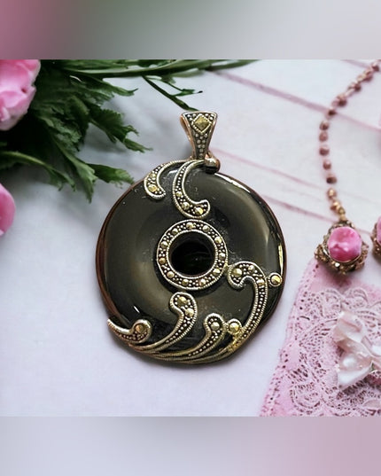 Sterling silver marcasite large black onyx fancy ornate disk pendant round