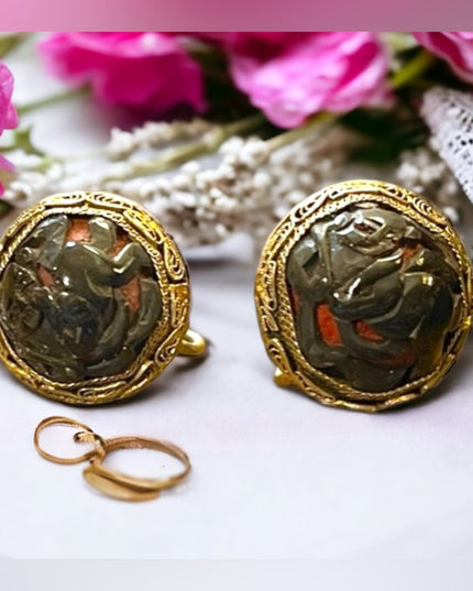 Antique Buddah wrapped in ribbon Chinese export filagree Screw earrings Cinnabar