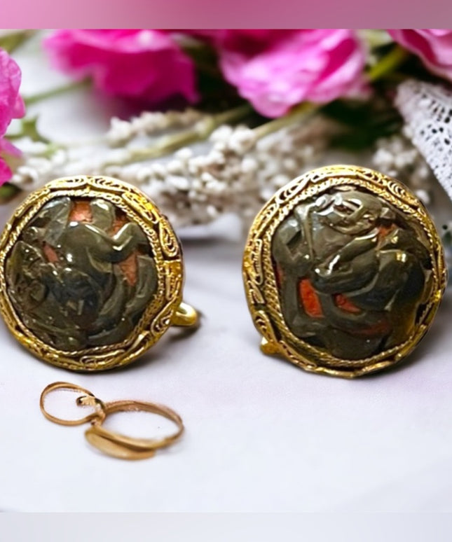 Antique Buddah wrapped in ribbon Chinese export filagree Screw earrings Cinnabar