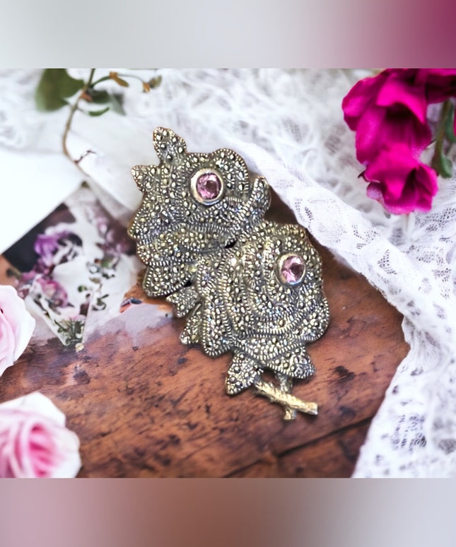 Vintage sterling silver large marcasite rose amethyst flower brooch