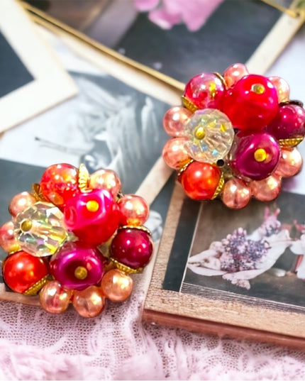 Vintage 1950s Flamingo pink variety fancy clip on earrings w crystals