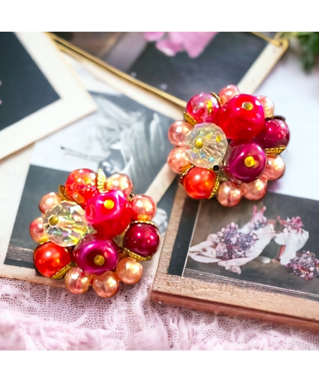 Vintage 1950s Flamingo pink variety fancy clip on earrings w crystals