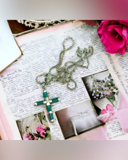 Vintage sterling silver 925 Malachite cross pendant necklace