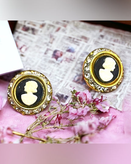 Vintage 1960s Brass faux cameo rhinestone screw back earrings