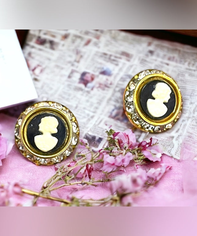 Vintage 1960s Brass faux cameo rhinestone screw back earrings