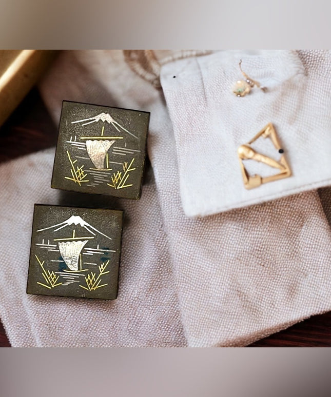 Vintage 1960s AMITA Damascene Sailboat gold plated cufflinks