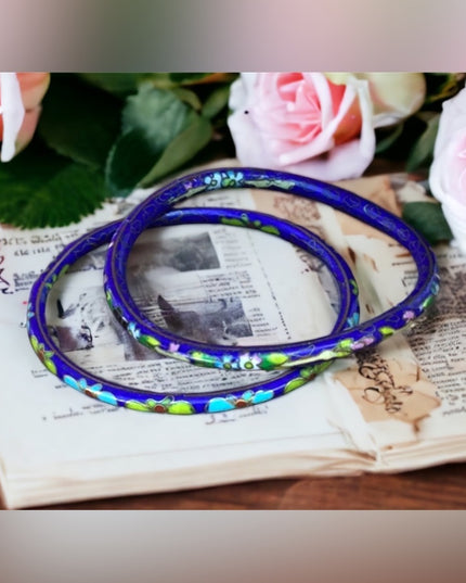 Vintage enameled hand made Chinese cloisonné bangles set x 2 pcs blue flowers