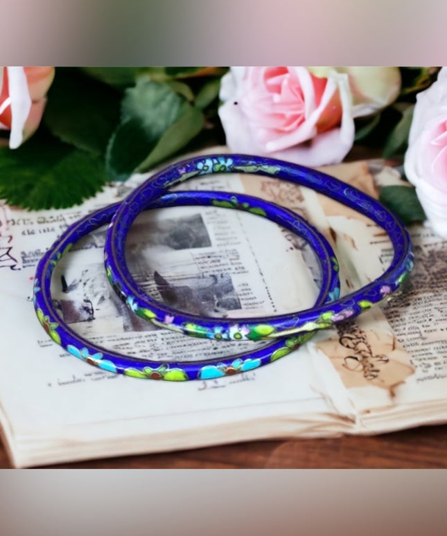 Vintage enameled hand made Chinese cloisonné bangles set x 2 pcs blue flowers