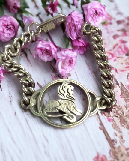 Vintage silver tone chunky LEO zodiac bracelet