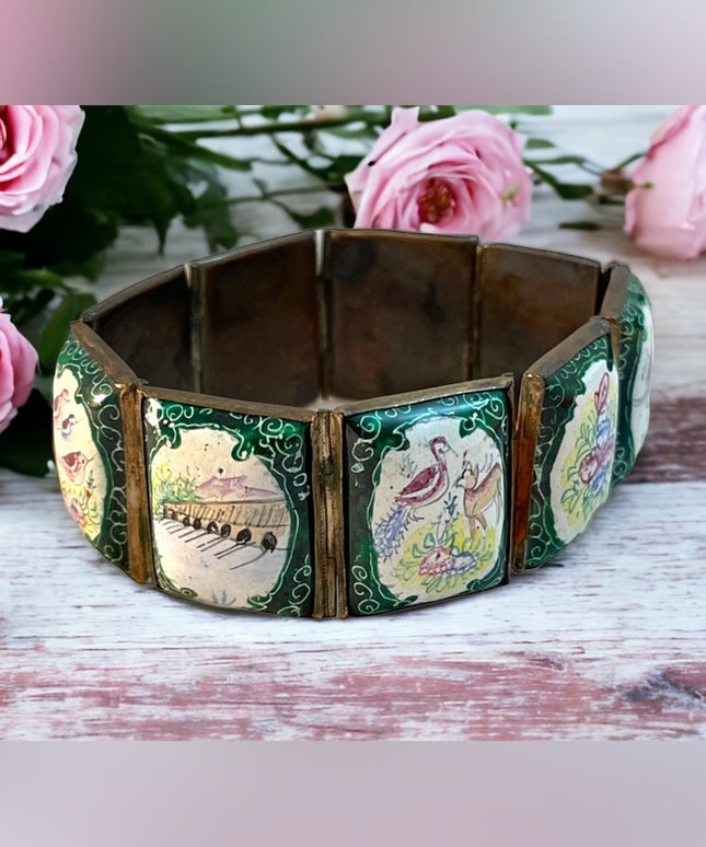 Antique ceramic Handmade Persian Story book bracelet brass