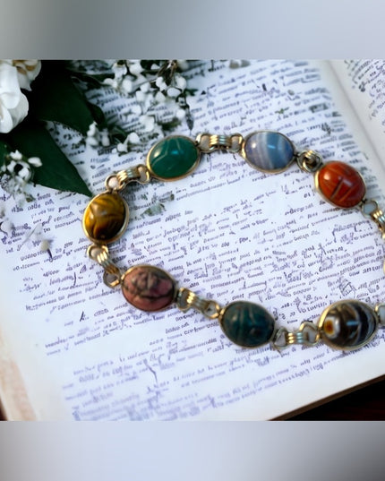 Vintage 12k GF Egyptian revival 1960s Scarab stone link bracelet