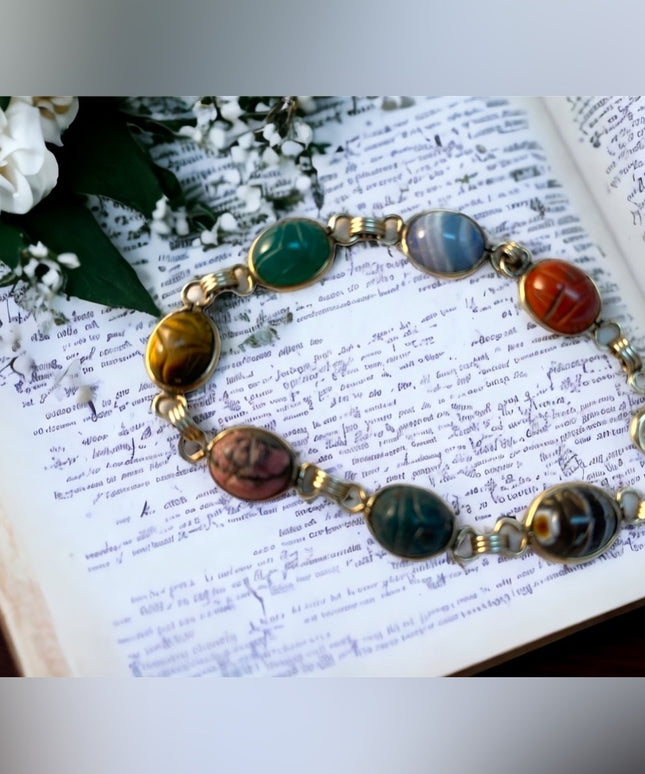 Vintage 12k GF Egyptian revival 1960s Scarab stone link bracelet