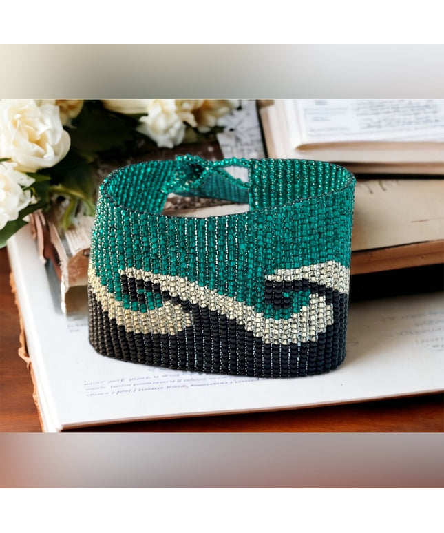 Beautiful wave microbead bangle bracelet teal & black southwestern handmade