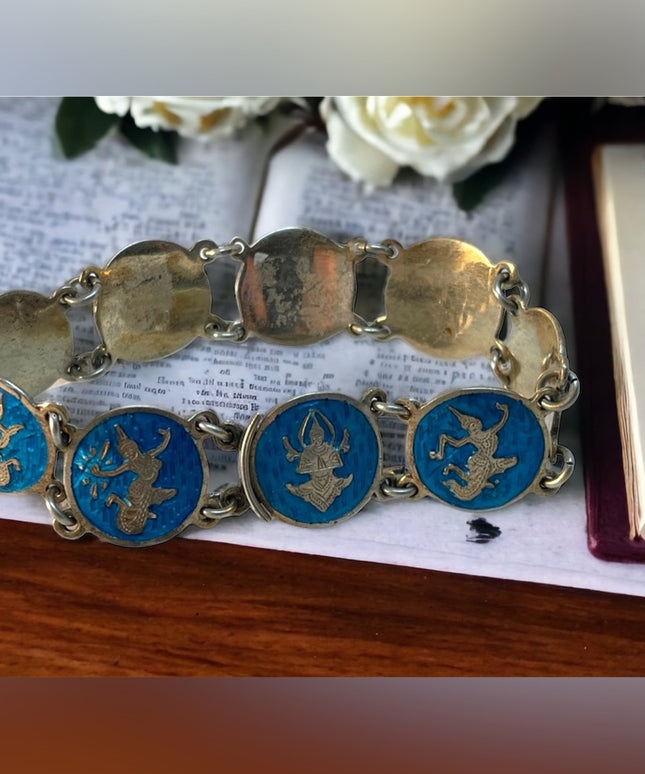 Vintage Sterling silver blue enamel 925  enamel Siam bracelet