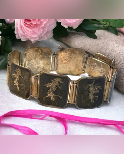 Vintage Sterling silver Siam black enamel Goddess bracelet