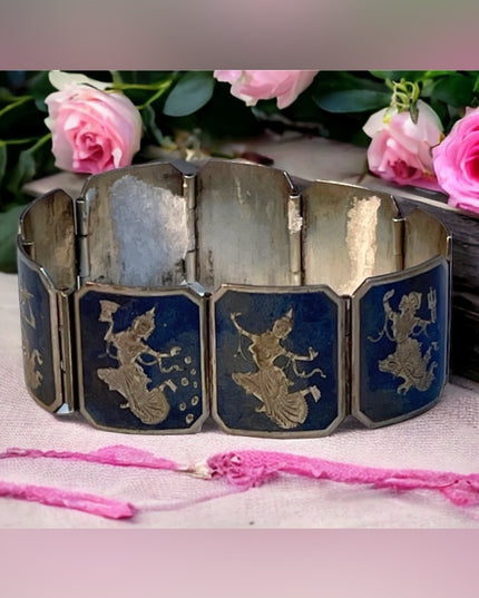 Vintage Siam sterling Black enamel Goddess bracelet