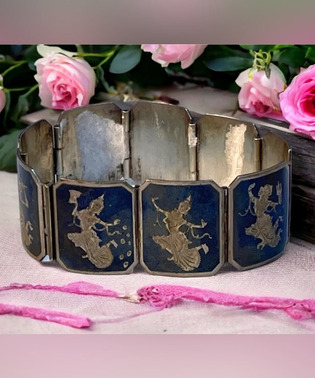 Vintage Siam sterling Black enamel Goddess bracelet